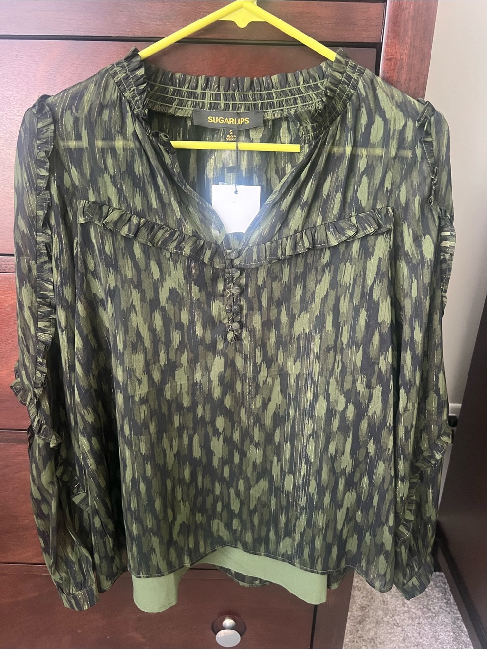 Sugarlips Olive & Navy Printed Ruffle-Trim Blouse